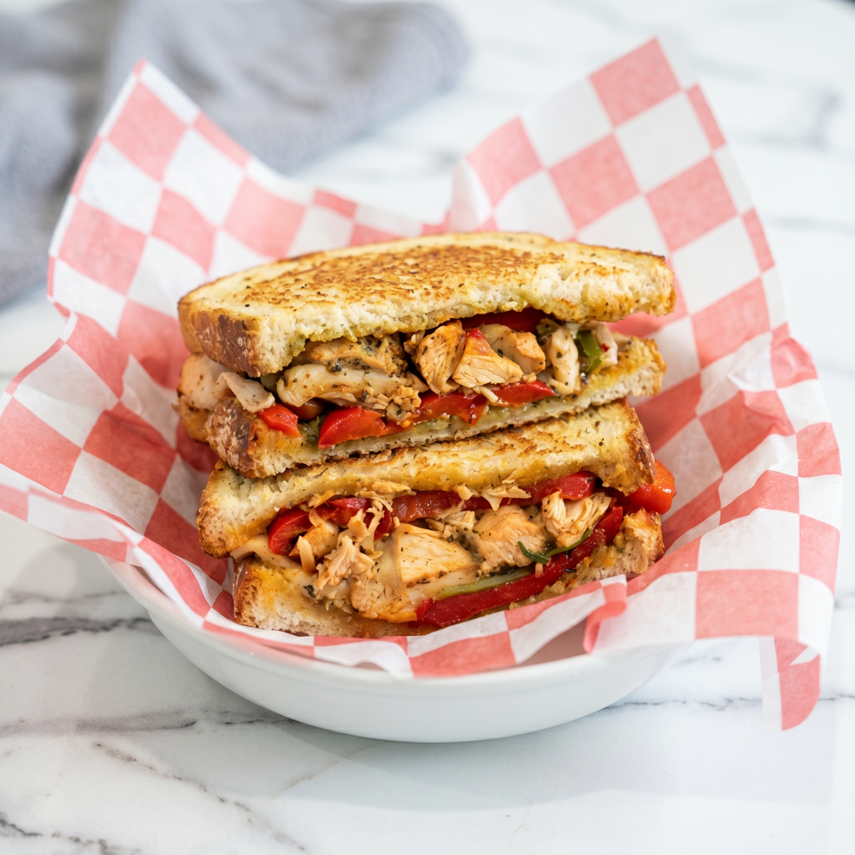 Grilled chicken sandwich with red peppers and onions, served in a red and white checkered paper.