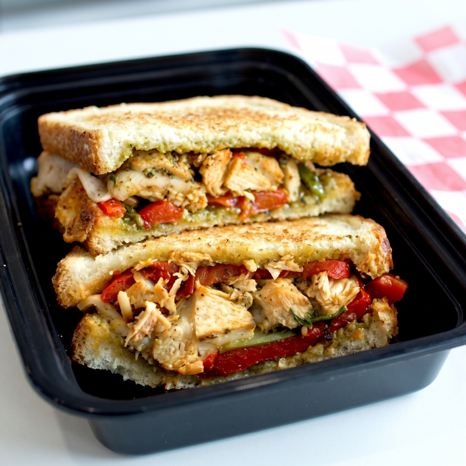 Two halves of a grilled chicken and roasted red pepper sandwich in a black to-go container.