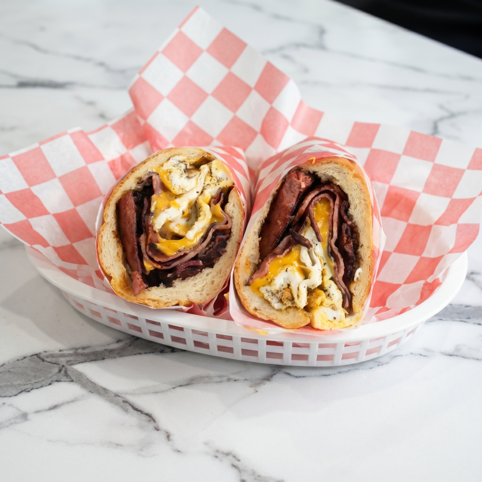 Two halves of a breakfast sandwich with eggs, cheese, and meat in a basket with checkered paper.